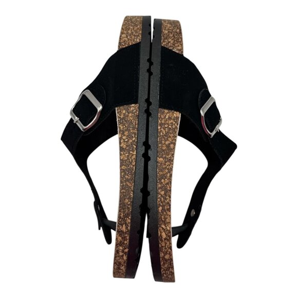 Womens Black Cork Sole Sandals With Adjustable Buckle & Toe Strap - Picture 3 of 8